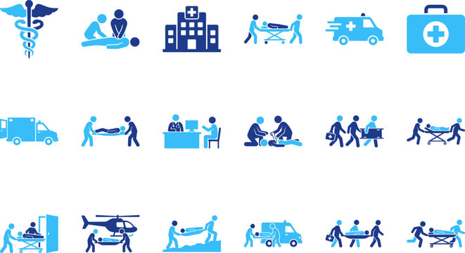 Healthcare medical icons ambulance helicopter hospital patient on stretcher doctor nurse paramedic first aid.
