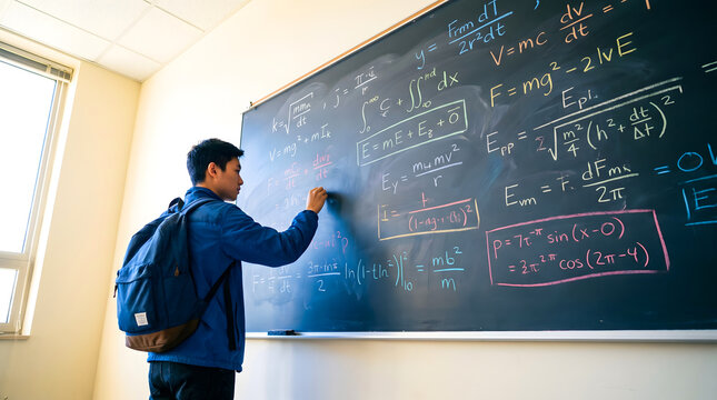 student writing physics formulas on blackboard in classroom