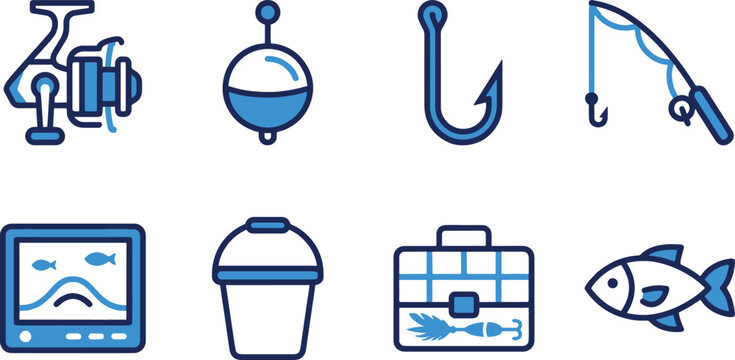 Fishing equipment and echo sounder fish finder blue line icons vector set