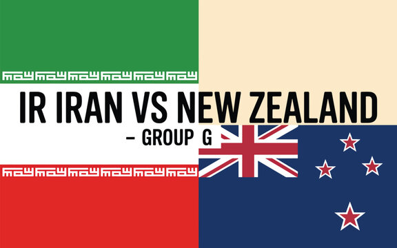 Iran vs New Zealand Group G match with national flags on a split background, sports