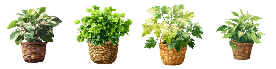 Fototapeta premium Lush house plant basket indoor foliage plant green leaf plant potted plant wicker basket decor tropical plant home greenery natural leaf isolated object