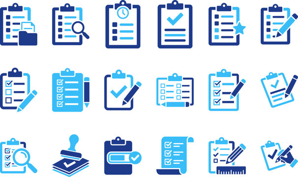 Checklist and to do list icons in blue and cyan for task management and project completion.