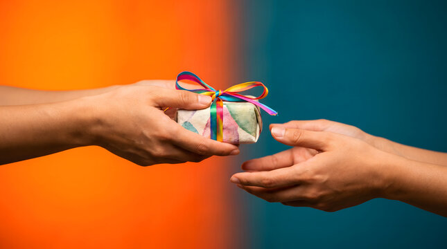 Close up of two hands exchanging a gift box tied with colorful ribbon bow