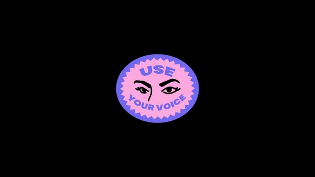 USE YOUR VOICE pink and purple icon set. Featuring four identical circular icons with eye and text on black background. Modern vector graphics for social media campaigns and activism.
