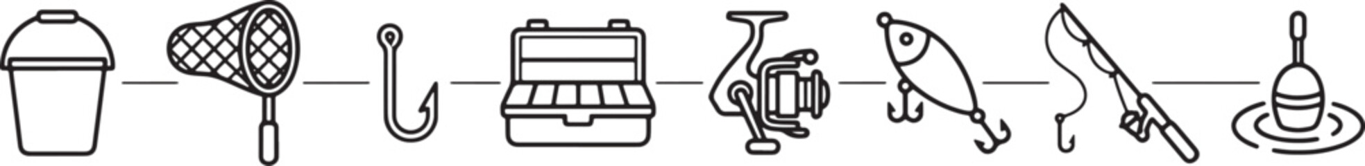 Fishing equipment and tackle gear black outline icons vector set © Open Expression