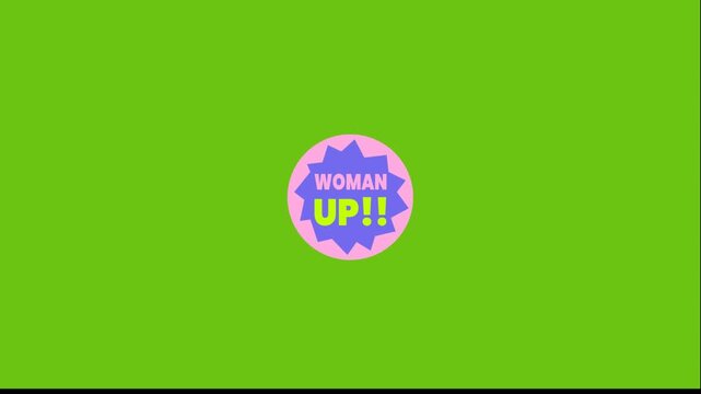 Static animation of woman up motivational stickers on green background. Colorful typographic design elements with purple and pink starburst shapes.