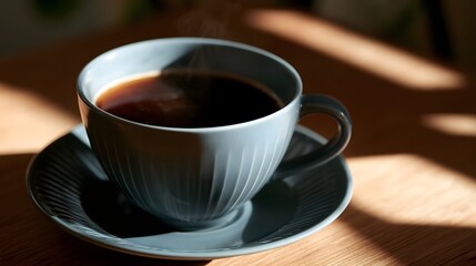 Fototapeta premium A steaming cup of rich coffee rests on a wooden surface bathed in soft morning light creating a warm and comforting atmosphere