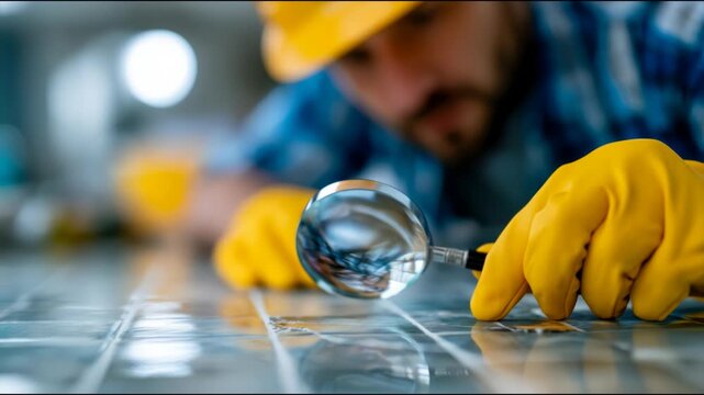 Worker in yellow gloves inspecting cracked wall tiles with a magnifying glass, ideal for repair, maintenance, construction, and property damage concepts
