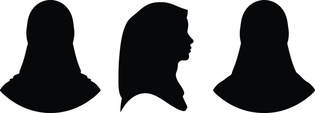 Set of black silhouettes of women wearing traditional hijab headscarves from different views