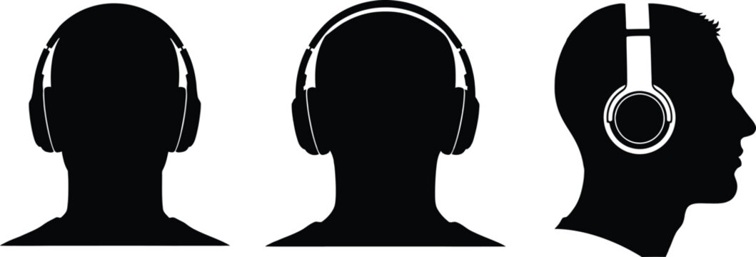 Black silhouette heads of people wearing headphones in different views