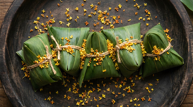 Traditional food wrapped in bamboo leaves with osmanthus flowers decoration