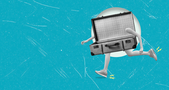 Art collage of a running suitcase symbolizing vacation and tour excitement