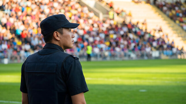 Security guard standing on duty at a sports stadium with blurred crowd in background