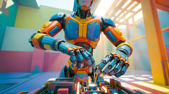 Colorful robot assembling electronic components in a futuristic industrial setting