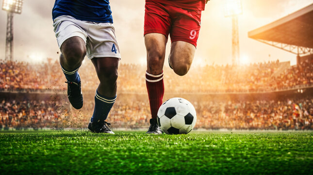 Soccer Match Intensity: Two athletes in opposing team uniforms battle for possession of a soccer ball on a vibrant green pitch.