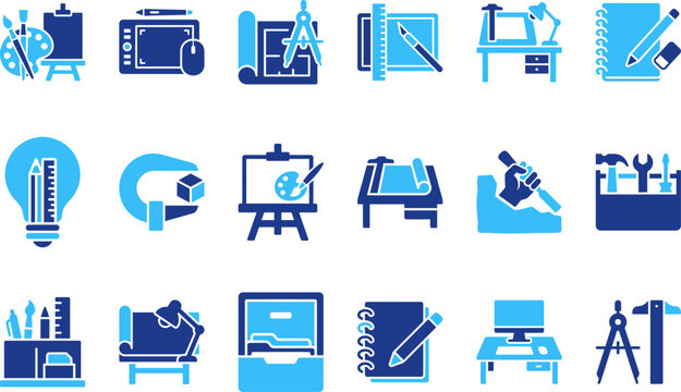 Collection of creative tools and supplies for artists and designers including drawing instruments and workstations.