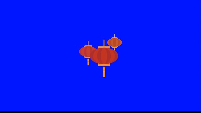 Static graphic video of red Chinese lanterns on blue background. Featuring four lanterns in two rows. Simple flat design elements for cultural or festive projects.