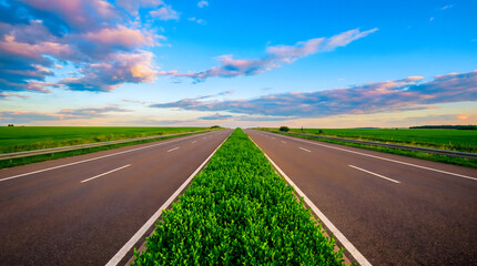 Fototapeta premium Highway with green median strip dividing lanes under blue sky and clouds