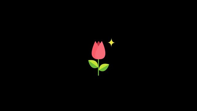 Animated pink tulip icons with sparkles on black background. Colorful flat vector graphics for web presentation and digital projects. Simple floral illustrations.