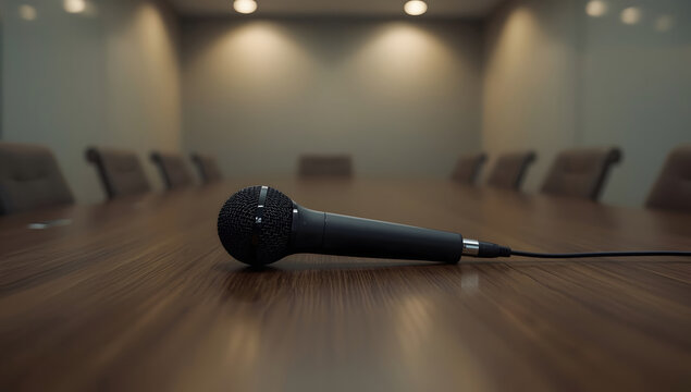 Black wired microphone lying on a dark wooden table in an empty corporate conference room.