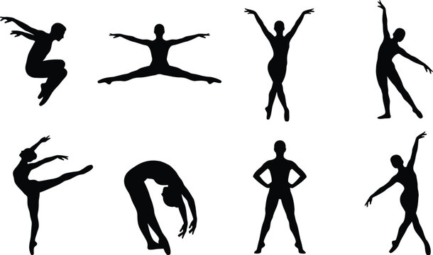 Dancer silhouettes in various poses against a white background silhouette