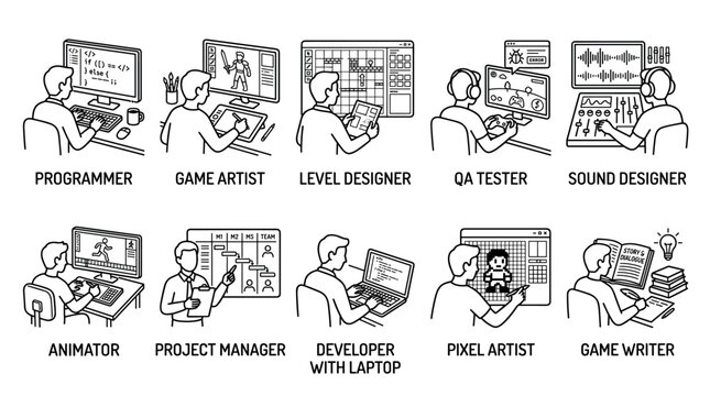 Game development team professionals working on different aspects of creating video games, including programming, art, design, testing, and writing.