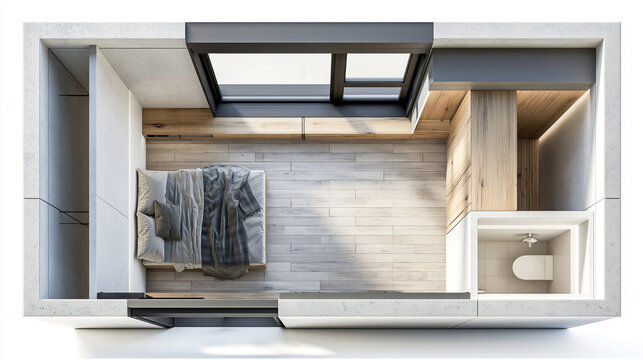 Modern minimalist tiny apartment floor plan presenting smart living concepts with bedroom, wardrobe, and bathroom layouts in an overhead architectural render