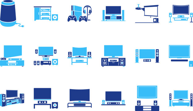 Group of blue and dark blue icons featuring home entertainment systems including TVs speakers consoles and soundbars.