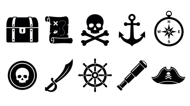 Pirate icons collection featuring treasure chest, map, skull and crossbones, anchor, compass, cutlass, ship wheel, spyglass, and hat symbols.