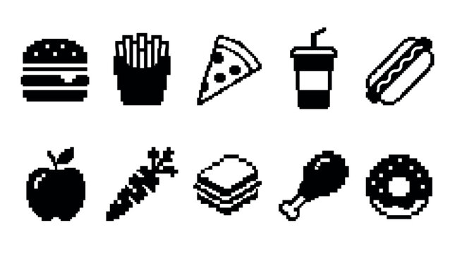 Pixel art food icons collection displays a variety of popular meals and snacks including burgers, fries, pizza, hot dogs, apples, carrots, sandwiches, chicken, and donuts.