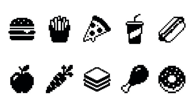 Pixel art food icons collection showcasing a diverse range of delicious fast food, sweet treats, and healthy options in a charming retro digital style.