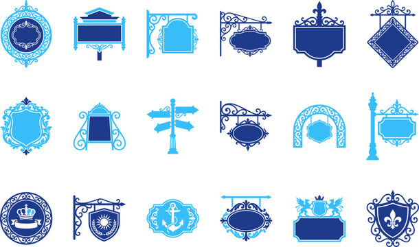 Collection of decorative vintage signs and ornate signage elements for business and architecture.
