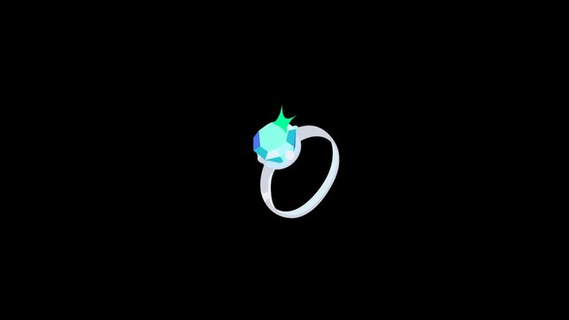 Animated sparkling diamond ring icon set. Four identical white diamond rings with green sparkles on a black background. Seamless loop static motion.