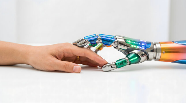 human hand touching robotic hand showing human machine interaction