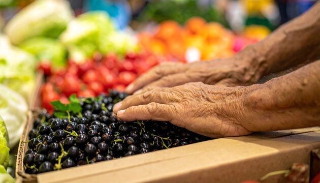 Close-up of weathered hands cupping fresh, dark blackcurrants at a vibrant market stall, surrounded by an assortment of ripe vegetables and fruits.