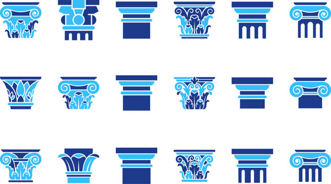 Collection of stylized column capitals or entablatures representing architectural styles and design.