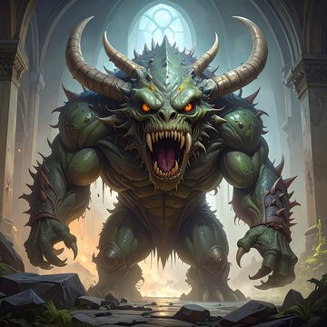 A large green monster with horns and spikes stands in a ruined building