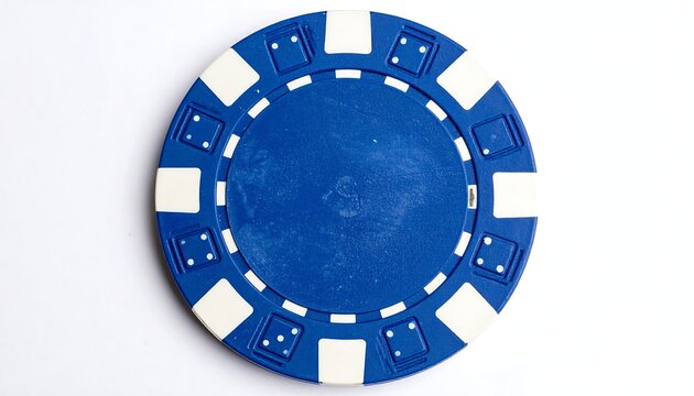 A blue poker chip with white accents on a plain white background