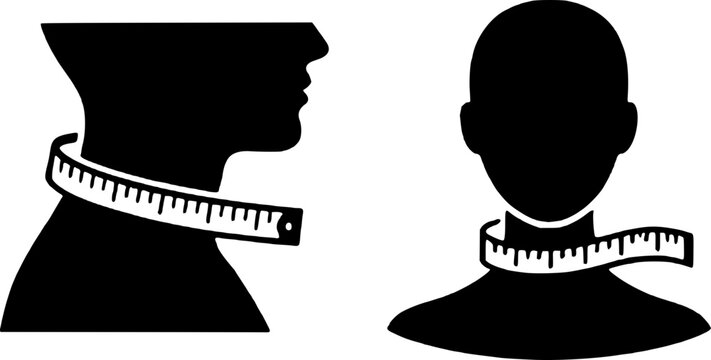 Two black silhouettes of human heads with measuring tapes around their necks on white background, representing neck measurement and sizing concept.
