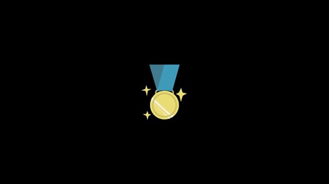 Golden medal icon set. Four shiny award medals with blue ribbons and sparkles on black background. Vector illustration for achievement and success themes.