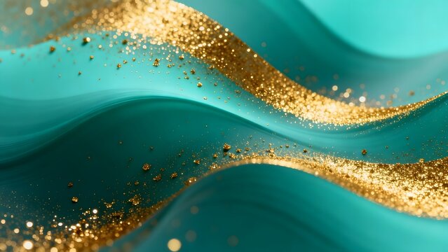 Golden glitter on teal wavy surface