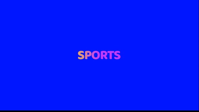 Static sports graphic with colorful text. Gradient 'SPORTS' logo on blue background. Colorful text animation sequence.