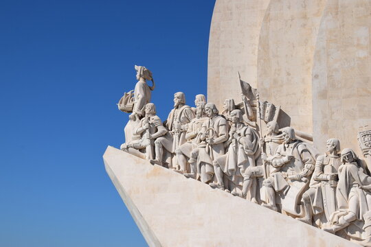  Low angle view of the Monument to the Discoveries (Padr&atilde;o dos Descobrimentos) against a clear blue sky in Belem, Lisbon, Portugal.
