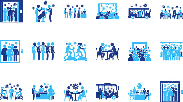 Coronavirus icons people in elevator crowded bus gym and meeting during pandemic social distancing advised.