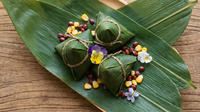Zongzi wrapped in bamboo leaves with red beans and corn kernels
