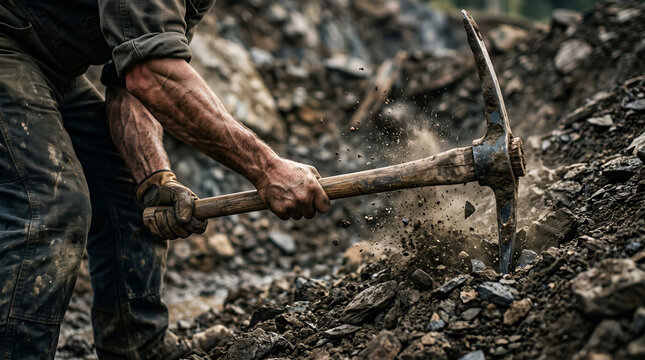 A miner uses a pickaxe to break rocks in an open-pit mine - a concept of hard labor and the mining industry.