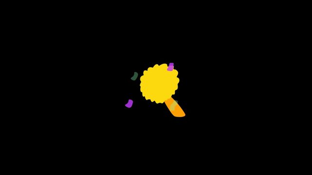 Animated yellow fluffy dandelion clock icon with purple and green leaves on black background static motion seamless loop vector animation digital illustration