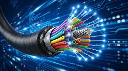 Fototapeta premium High speed fiber optic cable with glowing light strands on digital technology background