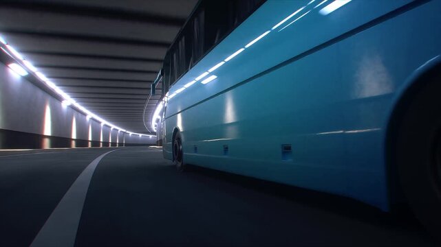 3d model Blue Tourist Coach Bus Driving Through Modern Tunnel. Realistic 4k animation.