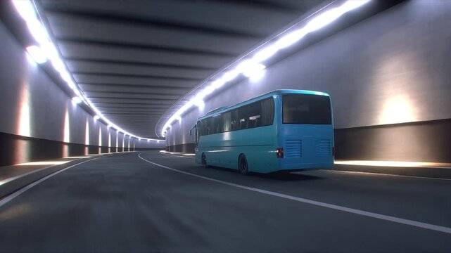 3d model Blue Tourist Coach Bus Driving Through Modern Tunnel. Realistic 4k animation.
